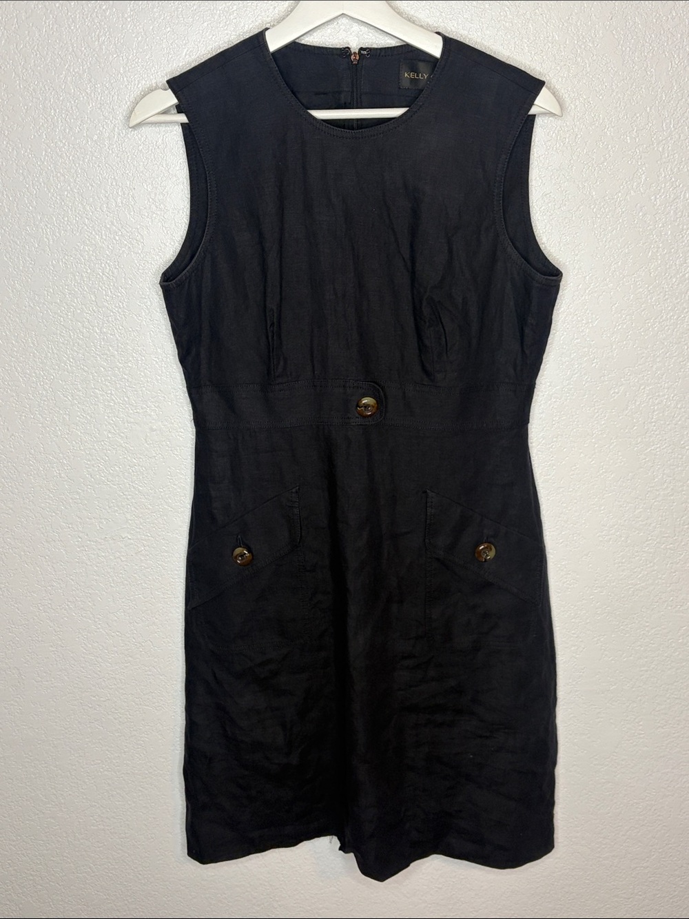 Kelly Graham Black Linen Shift Dress Big Buttons Patch Pockets Size 8 Petite